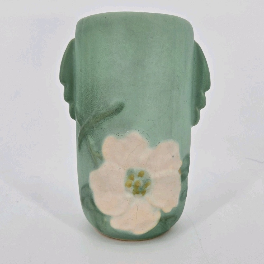 Vintage Weller Wild Rose Vase Matte Green Floral Double Handle 1930s Art Pottery